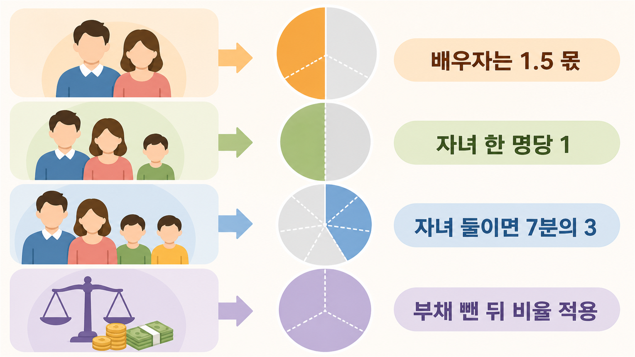 배우자 상속지분, 공동상속인 구성에 따른 계산 방법
